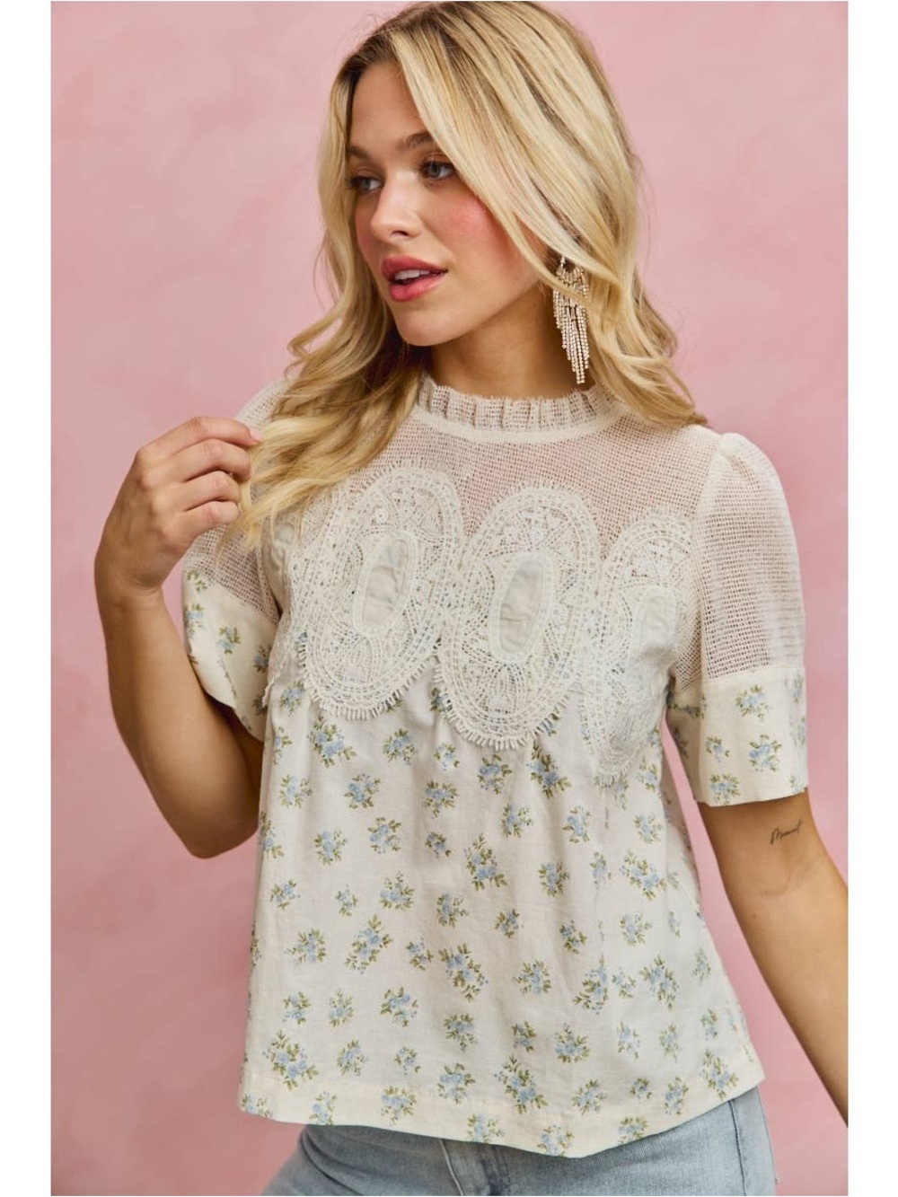 So Me BLUE FLORAL PRINT LACE TRIM COTTON BLOUSE TOP - Picture 4 of 10